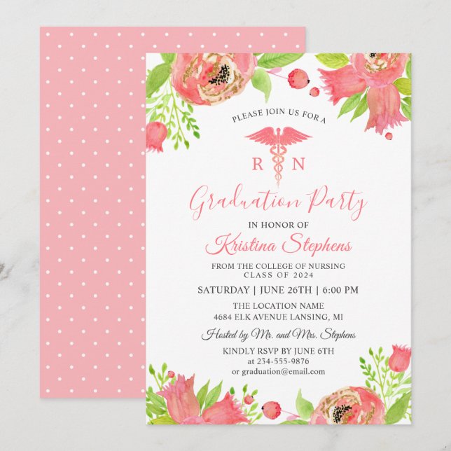 Studentfesten Coral Rosa Flowers Nursing School  Inbjudningar (Fram/baksida)