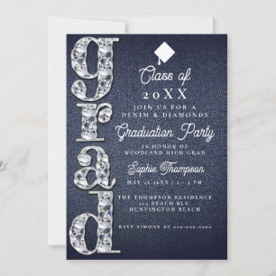 Studentfesten Denim Diamonds Script Blue Jeans Inbjudningar