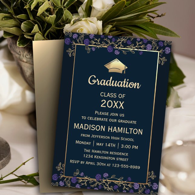 Studentfesten elegant Navy Blue och Guld Inbjudningar (Elegant Navy Blue and Gold Graduation Party Invitation, 
 #purpleinvitation #purplegraduation )