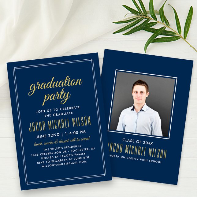Studentfesten elegant Navy Blue och Guld Inbjudningar (Skapare uppladdad)