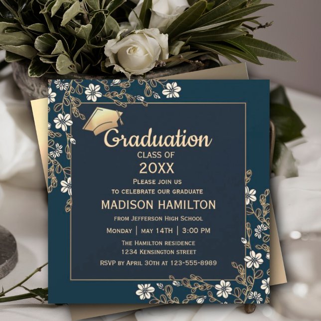 Studentfesten elegant Navy Blue och Guld Inbjudningar (Elegant Navy Blue and Gold Graduation Party Invitation, Gold Frame Luxury Graduation,  #navygold)