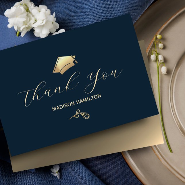 Studentfesten elegant Navy Blue och Guld Tack Kort (Elegant Navy Blue and Gold #thankyoucard #navyblueandgold #highschoolorcollege #goldfoil #chic)