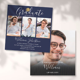 Studentfesten elegant Navy Blue Script 4 Photo Inbjudningar