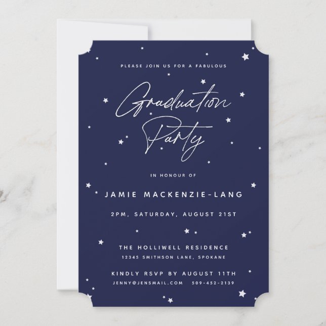 Studentfesten elegant Navy Script och Stars Inbjudningar (Framsida)