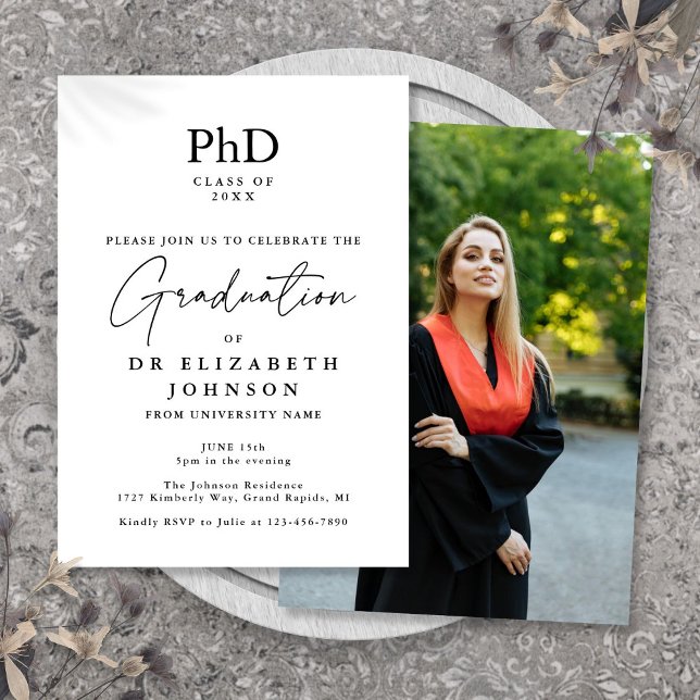 Studentfesten elegant Script PhD Degree Photo Inbjudningar (Elegant Script PhD Degree Photo Graduation Party Invitation)