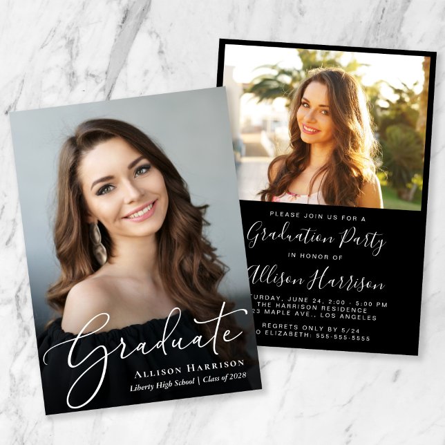Studentfesten elegant Script Photo Black Inbjudningar (An elegant photo graduation announcement to celebrate the graduate's achievements)