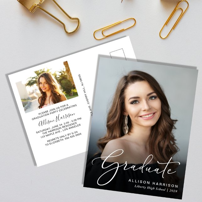 Studentfesten elegant Script Photo Inbjudan Vykort (An elegant photo graduation party invitation postcard to celebrate the graduate's achievements)