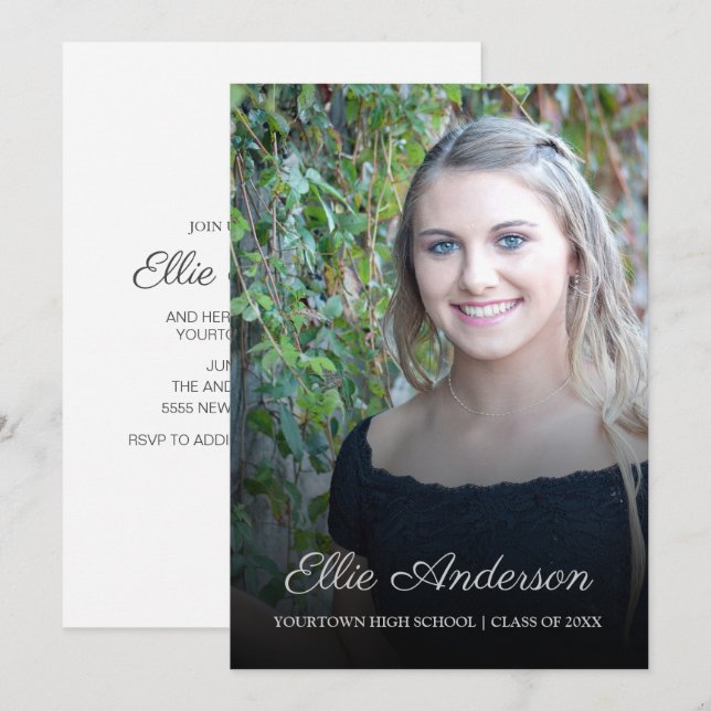 Studentfesten elegant Script Photo Inbjudningar (Fram/baksida)