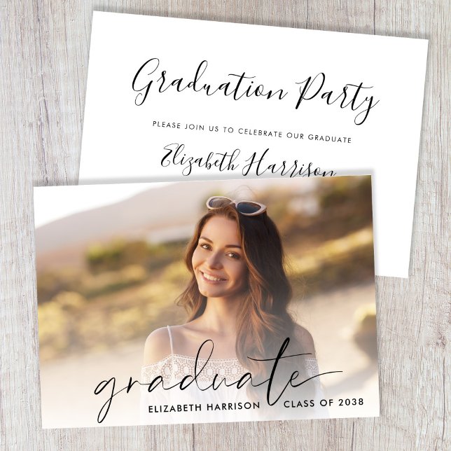 Studentfesten elegant Script Photo Inbjudningar (Elegant Script Photo Graduation Party Invitation)