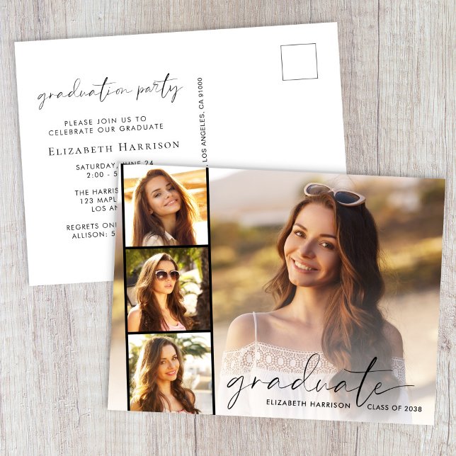 Studentfesten elegant Script Photo Strip Inbjudan Vykort (Elegant Script Photo Graduation Party Invitation Postcard)