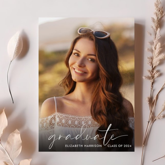 Studentfesten elegant White Script Photo Inbjudningar (Cherish the milestone: share your graduate's achievement with a custom photo graduation invitation)