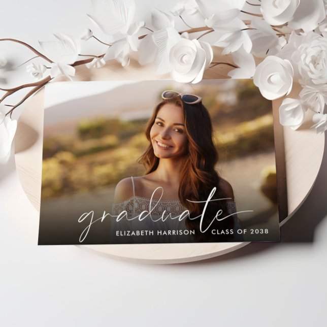 Studentfesten elegant White Script Photo Inbjudningar (Cherish the milestone: share your graduate's achievement with a custom photo graduation invitation)