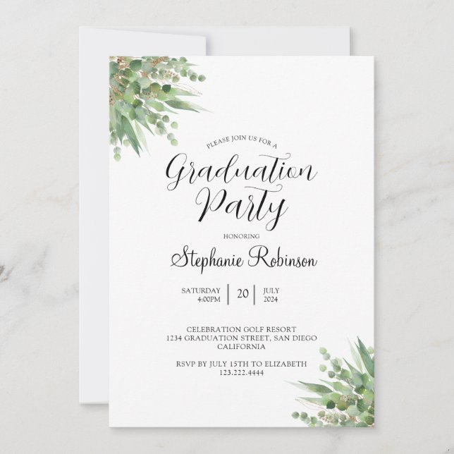 Studentfesten Eucalyptus Modern calligraphy Inbjudningar (Framsida)