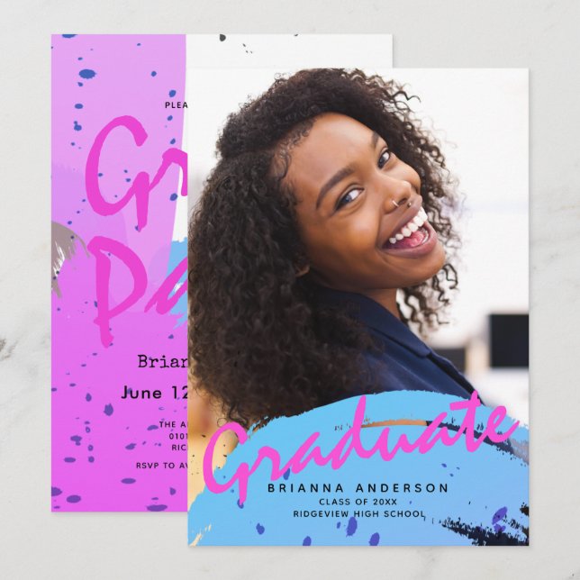 Studentfesten Foto på Neon Färg Penseldrag Inbjudningar (Fram/baksida)