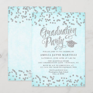 Studentfesten Girly Aqua Blue Silver Glitter Inbjudningar