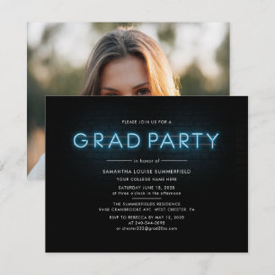 Studentfesten Grad 2022 Photo Blue Neon Inbjudningar