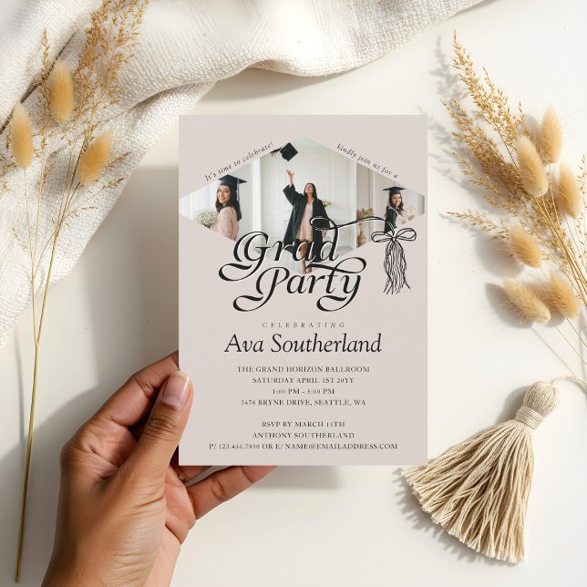 Studentfesten Grad Cap Bow Tassel Photo Collage Inbjudningar (Grad Cap Bow Tassel Photo Collage Graduation Party Invitation)