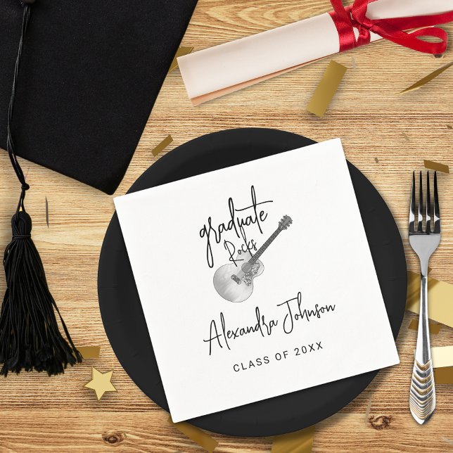 Studentfesten Guitar för aktuellt Trendig-skript Pappersservett (Modern trendy black and white rustic country guitar music themed graduation party custom napkin)