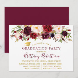 Studentfesten Guld i Watercolor Burgundy Blommigt Inbjudningar