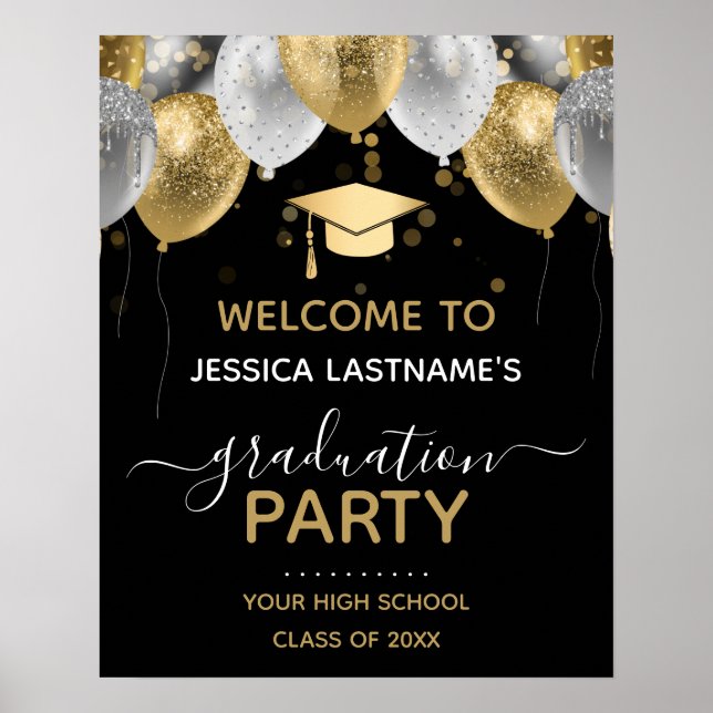 Studentfesten guld och Black Glitter Balloons Poster (Framsidan)