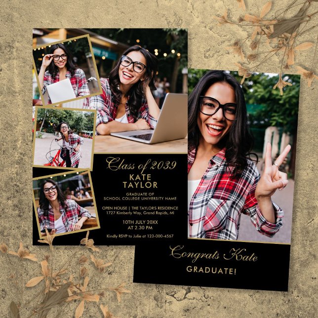 Studentfesten guld och svart 5 fotokollage inbjudningar (Gold And Black 5 Photo Collage Graduation Party Invitation)