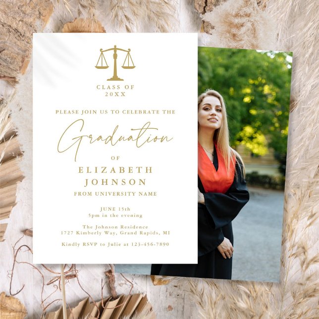 Studentfesten Guld Script Law School Photo Inbjudningar (Gold Script Law School Photo Graduation Party Invitation)