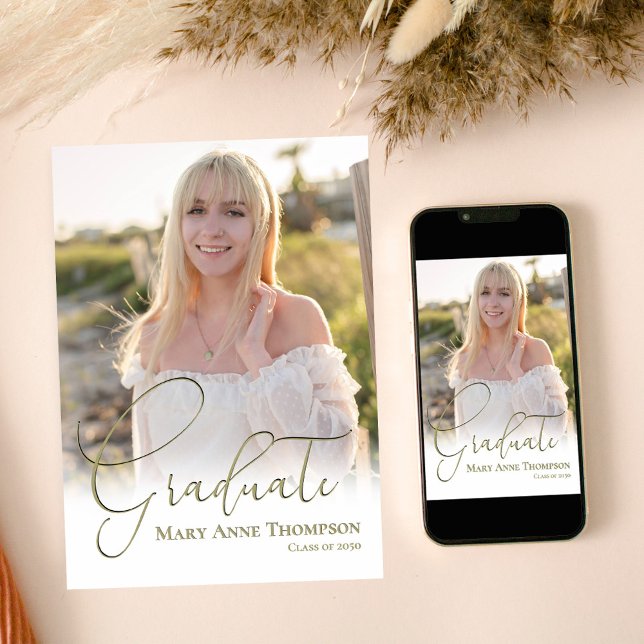 Studentfesten Guld Script Photo Inbjudningar (Graduate gold script photo graduation photo template)