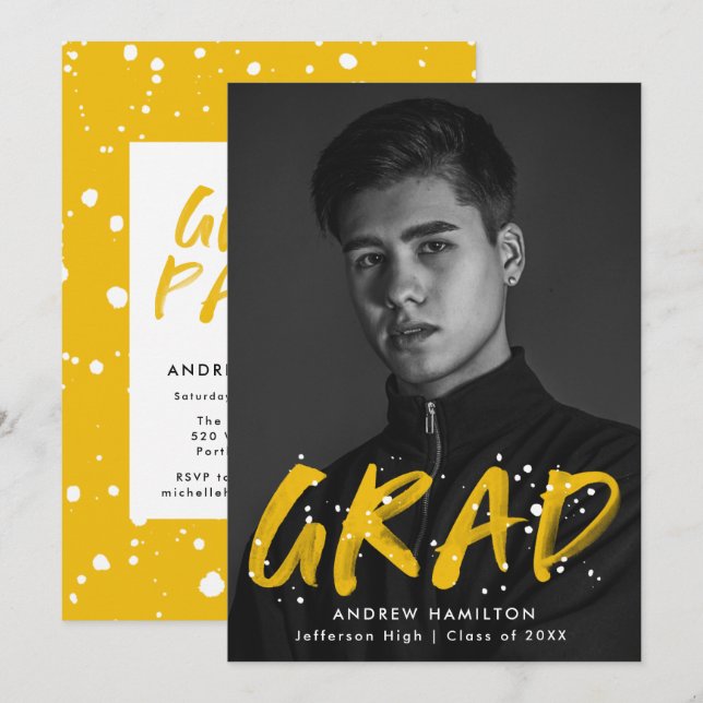 Studentfesten gult Paint Splatter Photo  Inbjudningar (Fram/baksida)