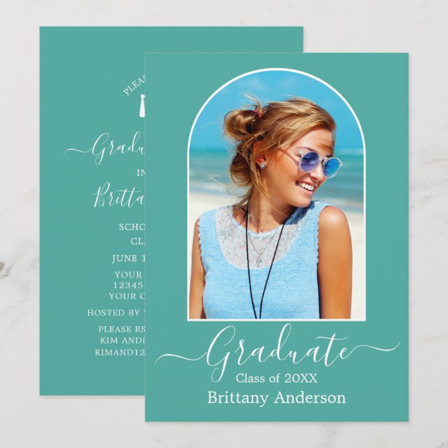 Studentfesten Modern Arch Calligraphy Teal Inbjudningar (Fram/baksida)