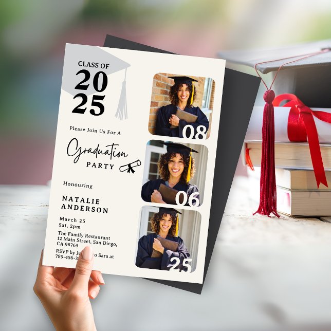 Studentfesten Modern Black & White 3 Photos Inbjudningar (Classy Burgundy Gold Graduate Hat Graduation Party Invitation )