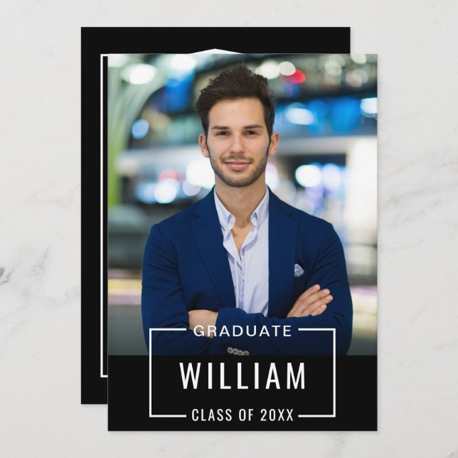 Studentfesten Modern enkel svart, vit FOTO Inbjudningar (Fram/baksida)