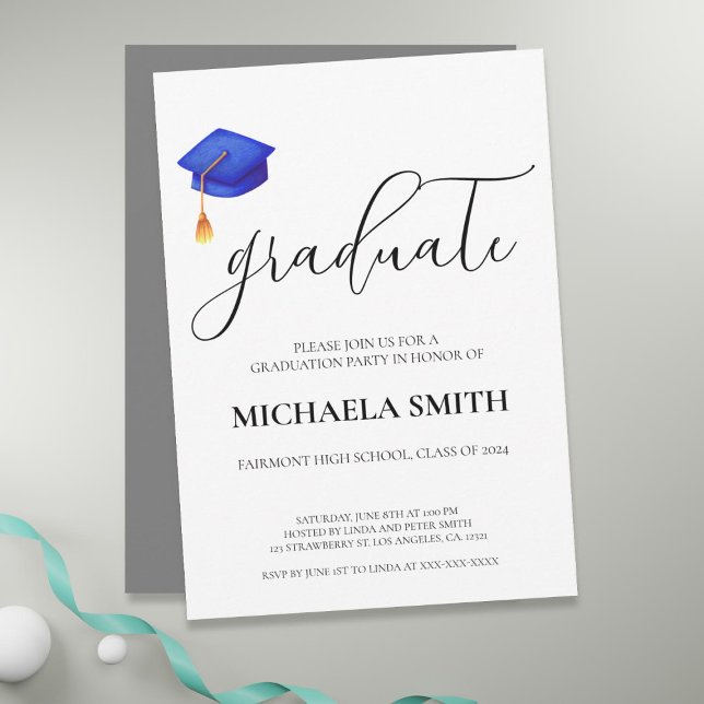 Studentfesten Modern Navy Blue Cap High School Inbjudningar (Modern Navy Blue Cap High School Graduation Party Invitation)