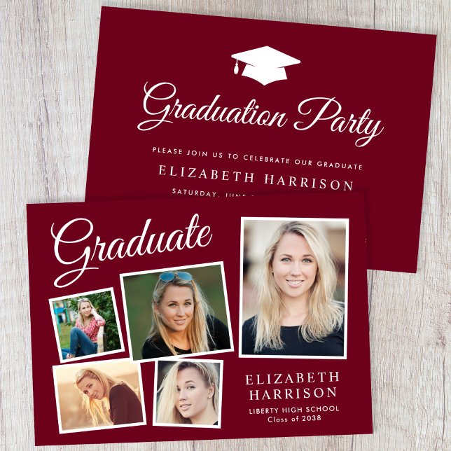 Studentfesten Modern Photo Collage Burgundy Inbjudningar (A personalized photo graduation party invitation to celebrate the graduate's achievements)