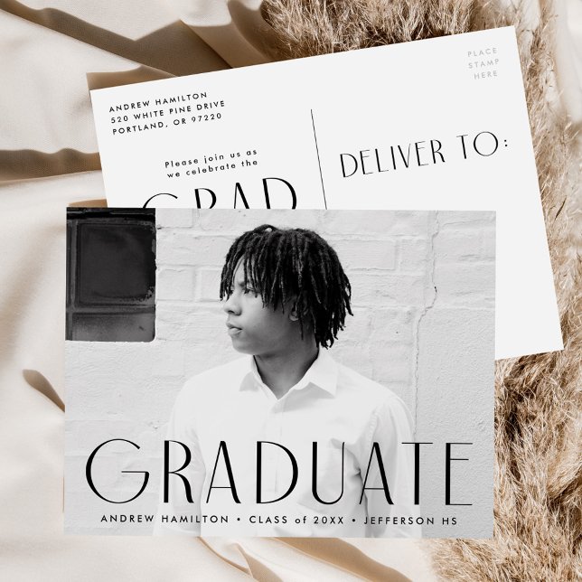 Studentfesten Modern Simplicit Black Photo Inbjudan Vykort (Skapare uppladdad)