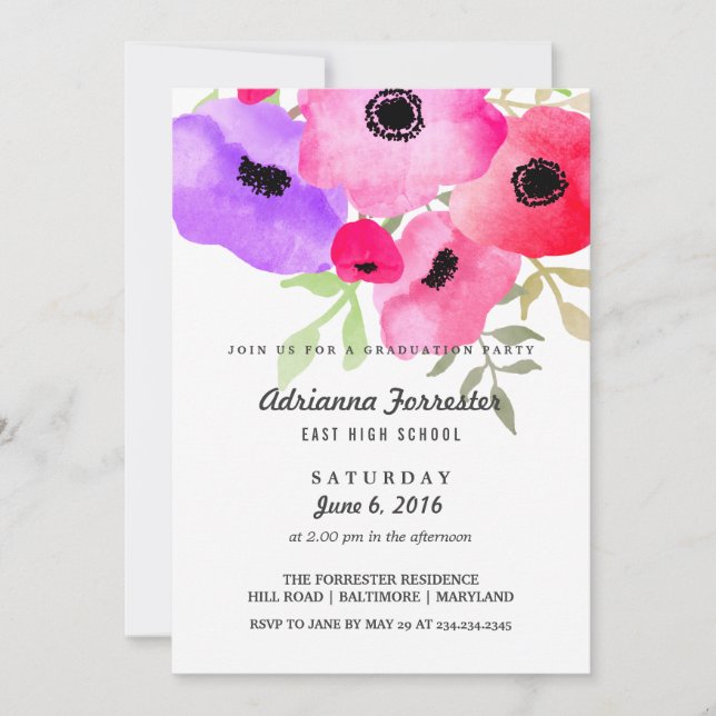 Studentfesten Modern vattenfärgsblommor Inbjudningar (Framsida)