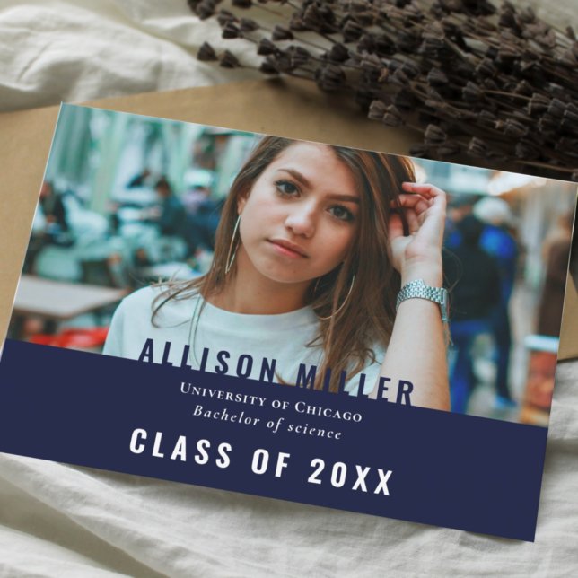 Studentfesten Navy Blue Modern Typography Photo Inbjudningar (Skapare uppladdad)