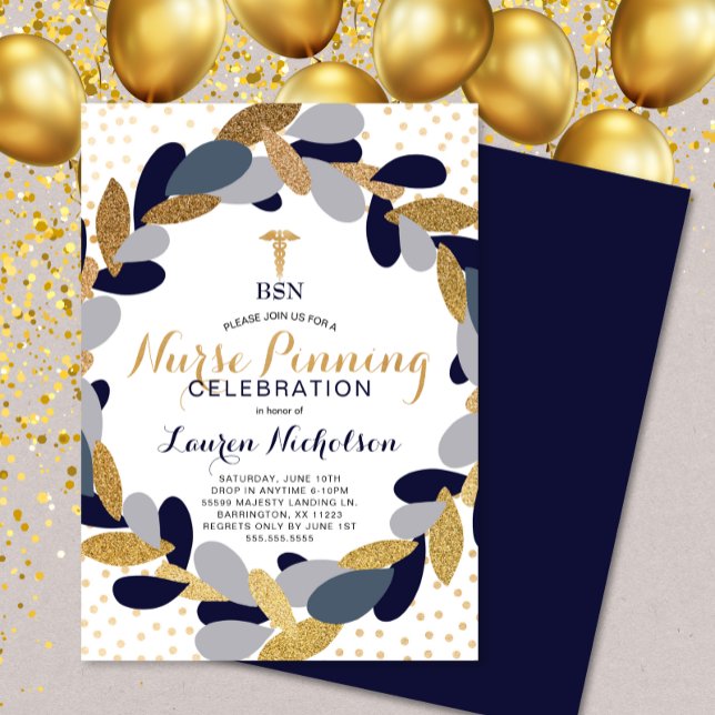 Studentfesten Navy Guld Confetti Nurse Pinning Inbjudningar (Skapare uppladdad)