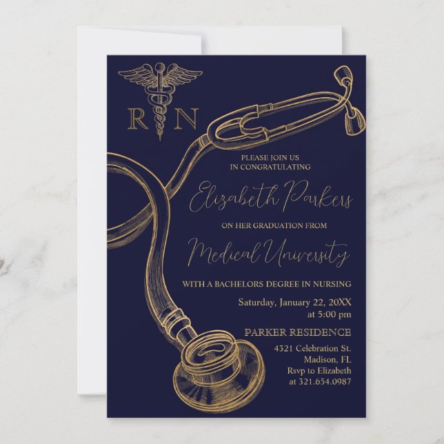 Studentfesten Navy Guld Modern Nursing School Inbjudningar (Framsida)
