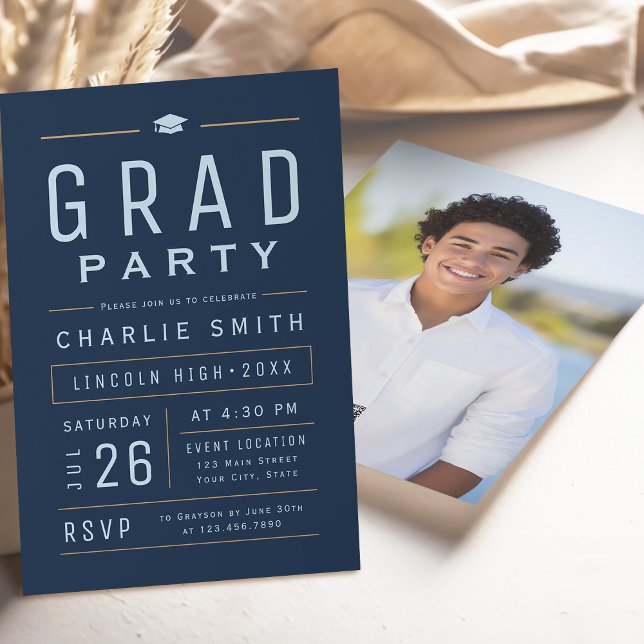 Studentfesten Navy Modern Simple Typography Inbjudningar (Navy Modern Simple Typography Graduation Party Invitation)