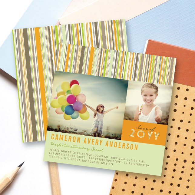 Studentfesten Preppy Rand Modern 2 Photo Inbjudningar (Preppy Orange, Lime Green and Grey Stripes Modern 2 Photo Graduation Party Invitation @ fatfatin)