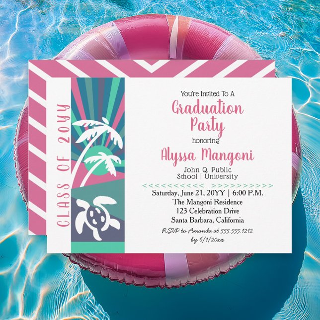 Studentfesten Retro Beach Sunset Inbjudningar (Retro Beach Sunset Graduation Party Invitation - Print | Digital Download)