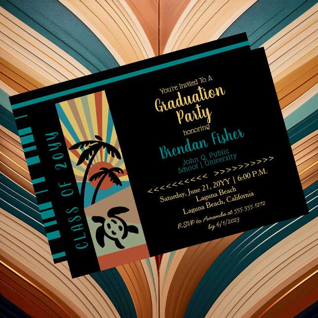 Studentfesten Retro Beach Sunset Scene Inbjudningar (Retro Beach Sunset Scene Graduation Party Invitation -- Print | Download)