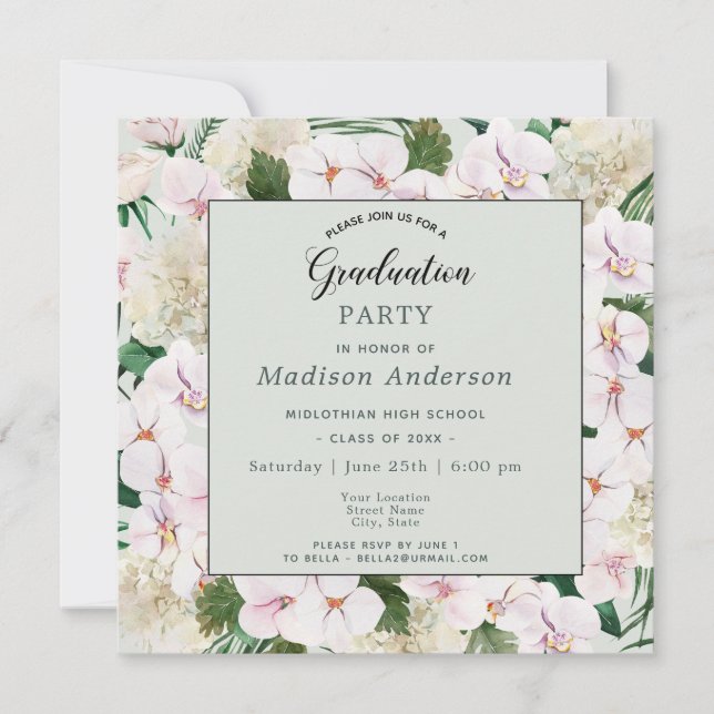 Studentfesten rosa och vita vattenfärgsblommor inbjudningar (Framsida)