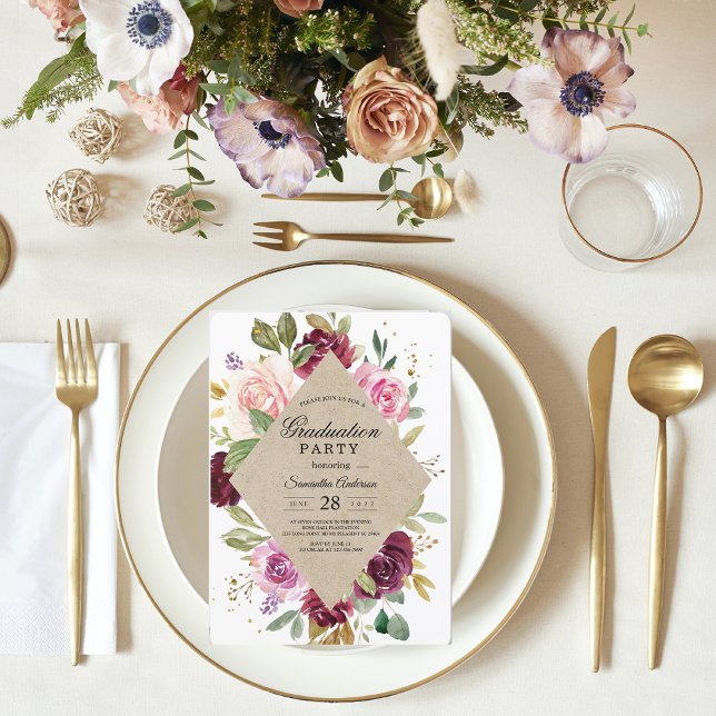 Studentfesten Rustic Burgundy Kraft Blommigt  Inbjudningar (Skapare uppladdad)