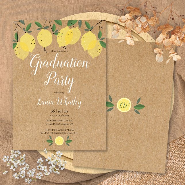 Studentfesten Rustic Lemons Greenery Script Inbjudningar (Rustic Lemons Greenery Script Graduation Party Invitation)