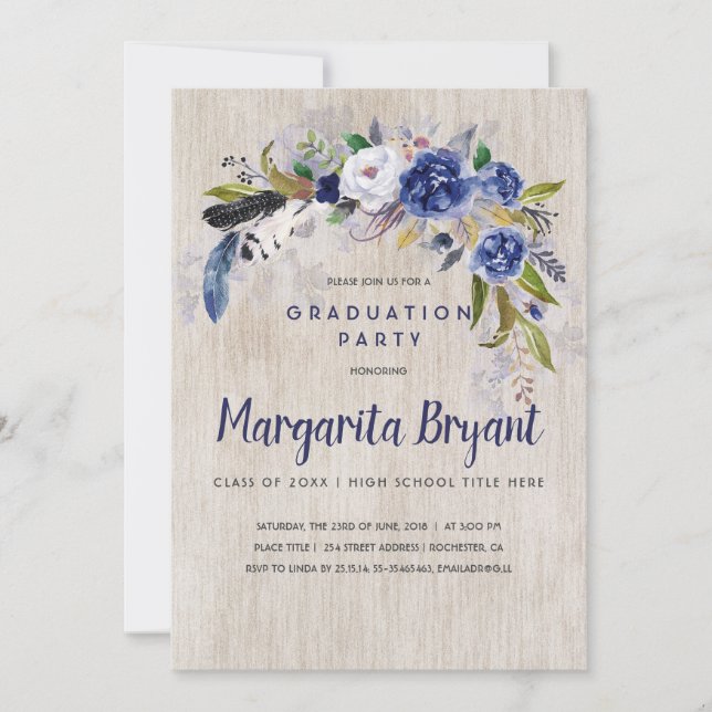 Studentfesten Rustic Navy Blommigt Watercolor Inbjudningar (Framsida)
