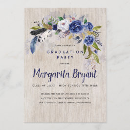 Studentfesten Rustic Navy Blommigt Watercolor Inbjudningar