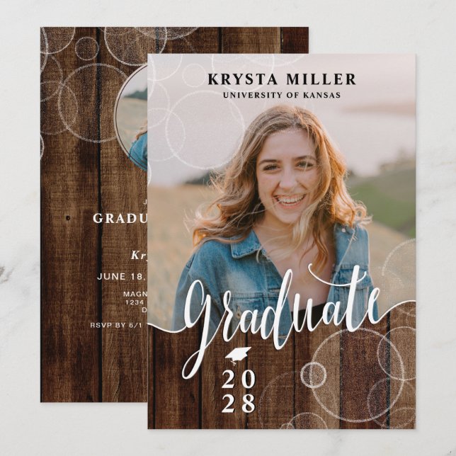 Studentfesten Rustic Script Photo Inbjudningar (Fram/baksida)