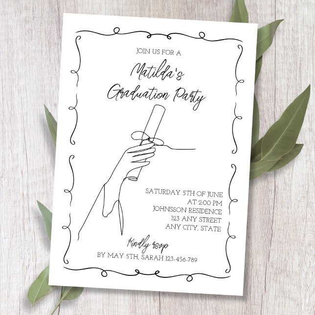 Studentfesten Scribble Hand plockade Black & White Inbjudningar (Hand Drawn Black & White Chic 2024 Graduation Invitation)