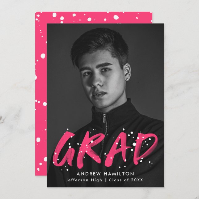 Studentfesten shock rosa Paint Splatter Photo Inbjudningar (Fram/baksida)